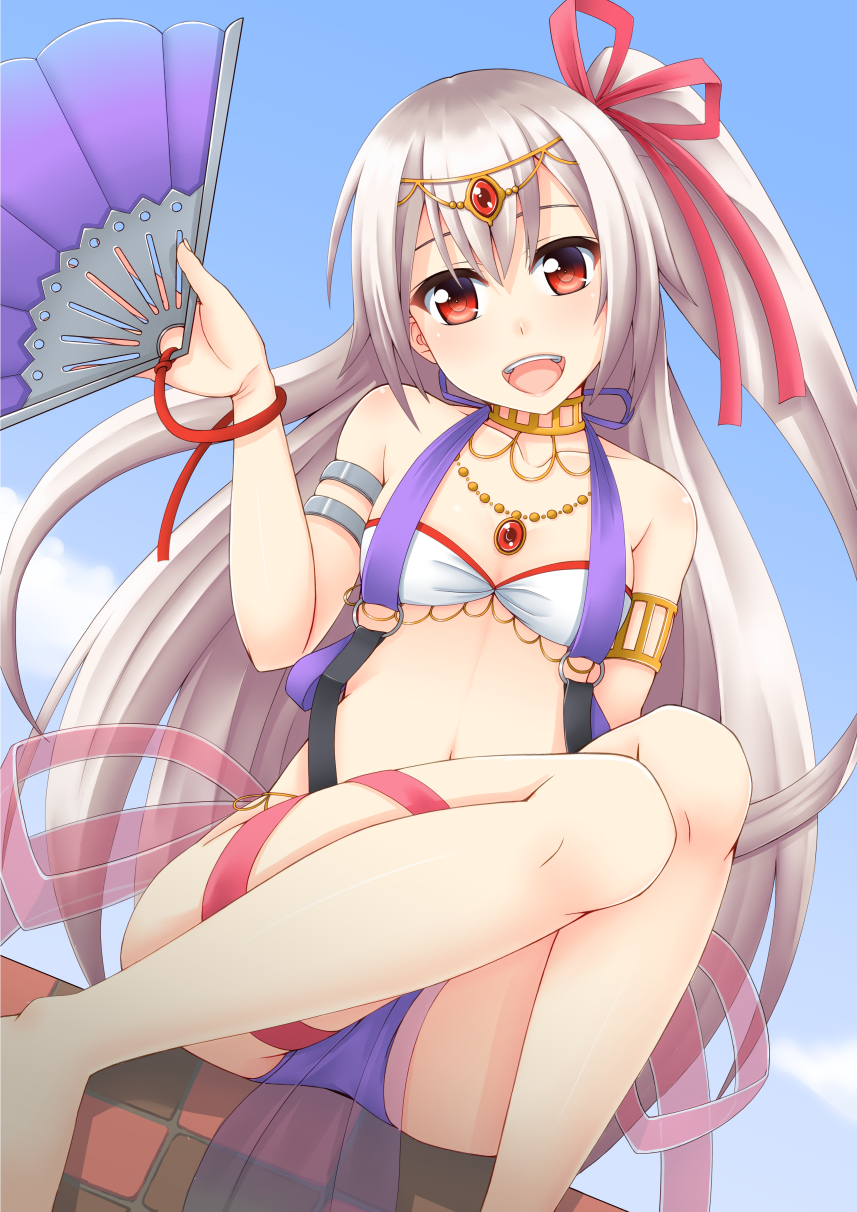 :d armlet bare_shoulders barefoot blue_sky blush brick_wall circlet clouds collar day fan flat_chest folding_fan hair_ribbon highres jewelry leg_ribbon long_hair navel necklace o-ring open_mouth outdoors red_eyes red_ribbon ribbon sano_souichi sennen_sensou_aigis sharqi_(sennen_sensou_aigis) sitting sky smile very_long_hair