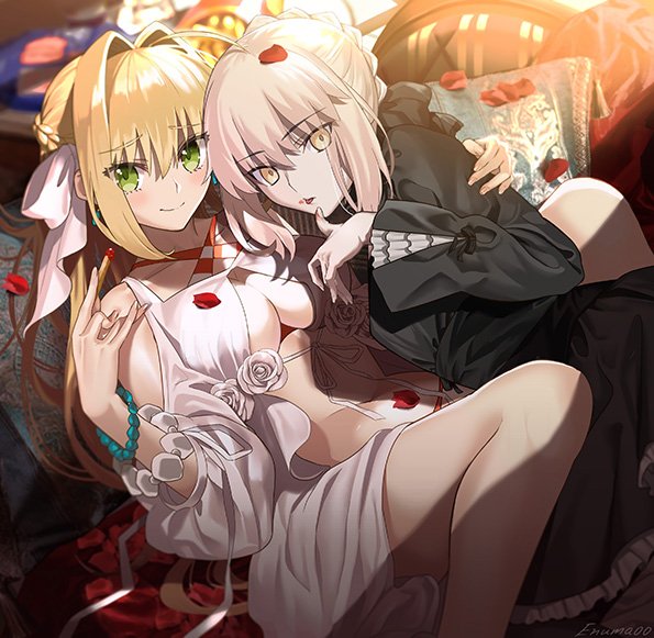 2girls ahoge aora artoria_pendragon_(all) bikini black_dress blonde_hair bracelet braid breasts cleavage collarbone commentary_request couch criss-cross_halter dress eyebrows_visible_through_hair fate/grand_order fate_(series) food food_on_face french_braid green_eyes hair_ribbon halterneck hand_on_another's_shoulder holding holding_food jewelry large_breasts looking_at_viewer multiple_girls navel nero_claudius_(fate)_(all) nero_claudius_(swimsuit_caster)_(fate) pearl_bracelet petals pillow ribbon rose_petals saber_alter signature swimsuit yellow_eyes