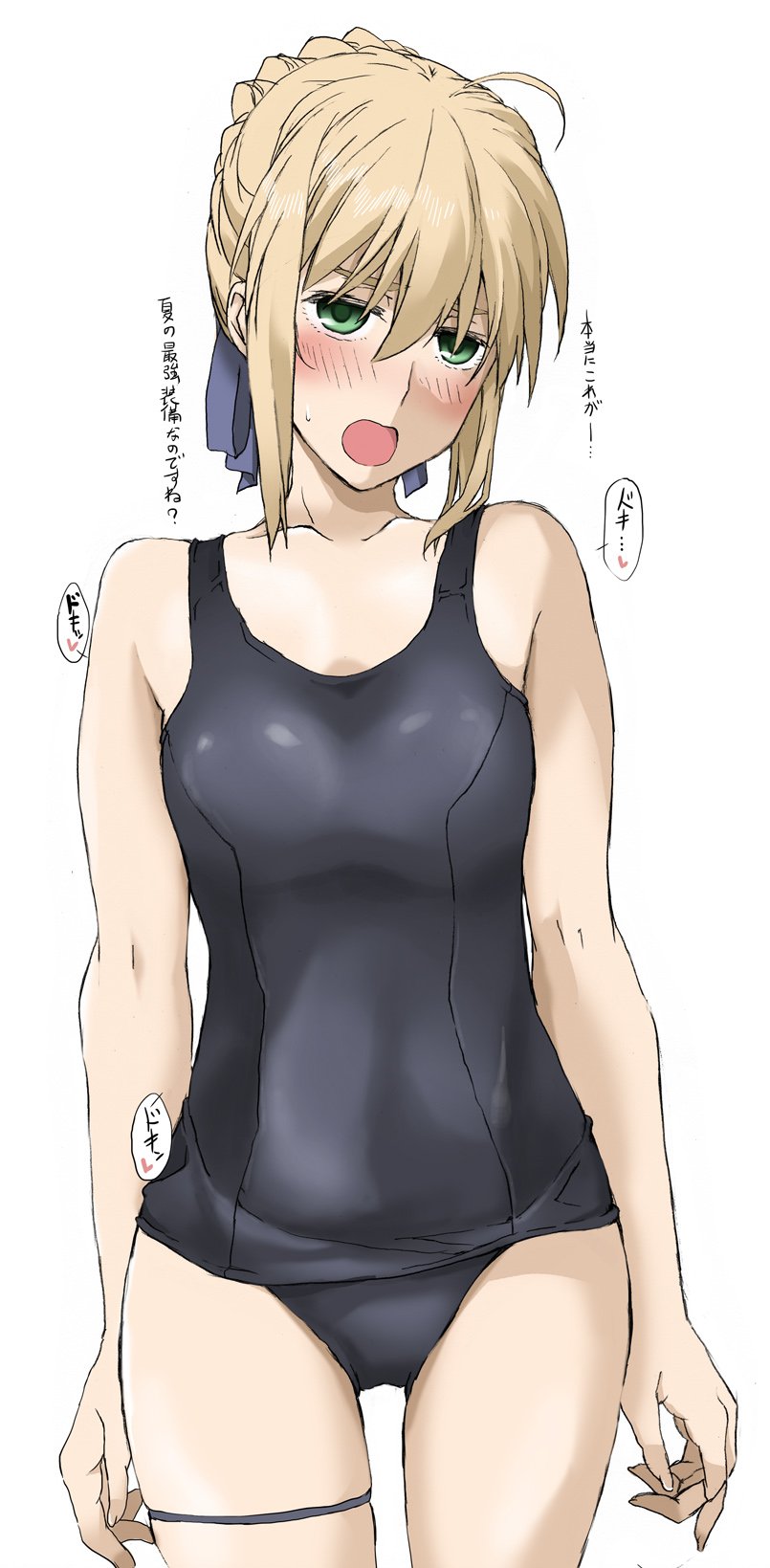 1girl ahoge artoria_pendragon_(all) blush braid breasts elf_(stroll_in_the_woods) fate/stay_night fate_(series) french_braid green_eyes highres open_mouth saber school_swimsuit short_hair skindentation small_breasts solo sweatdrop swimsuit thigh_strap translated white_background