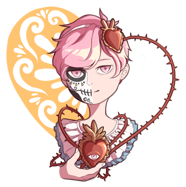 1girl facepaint hair_ornament hairband heart heart_hair_ornament komeiji_satori mefomefo pink_eyes pink_hair portrait short_hair simple_background skull smile solo third_eye thorns touhou white_background