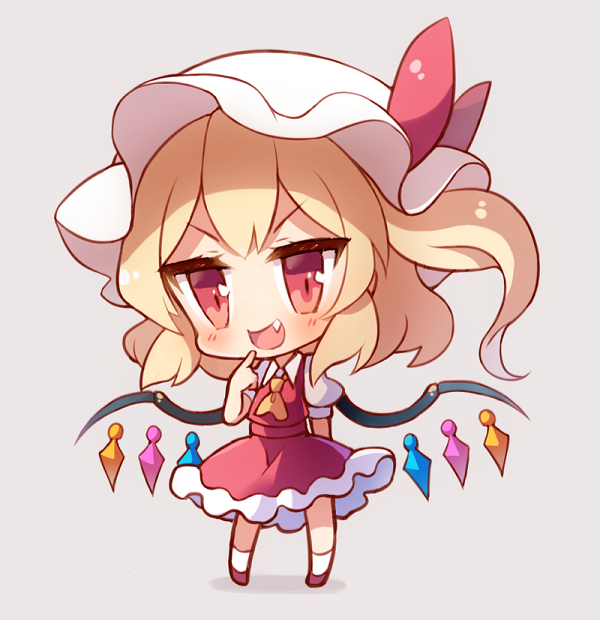 &gt;:) 1girl 60mai :d arm_behind_back ascot blonde_hair blush bow chibi commentary_request crystal fang flandre_scarlet full_body grey_background hand_up hat hat_bow looking_at_viewer mob_cap one_side_up open_mouth petticoat pointing pointing_at_self puffy_short_sleeves puffy_sleeves red_bow red_eyes red_footwear red_skirt red_vest shadow shoes short_hair short_sleeves simple_background skirt skirt_set smile socks solo standing touhou vest white_hat white_legwear wings yellow_neckwear