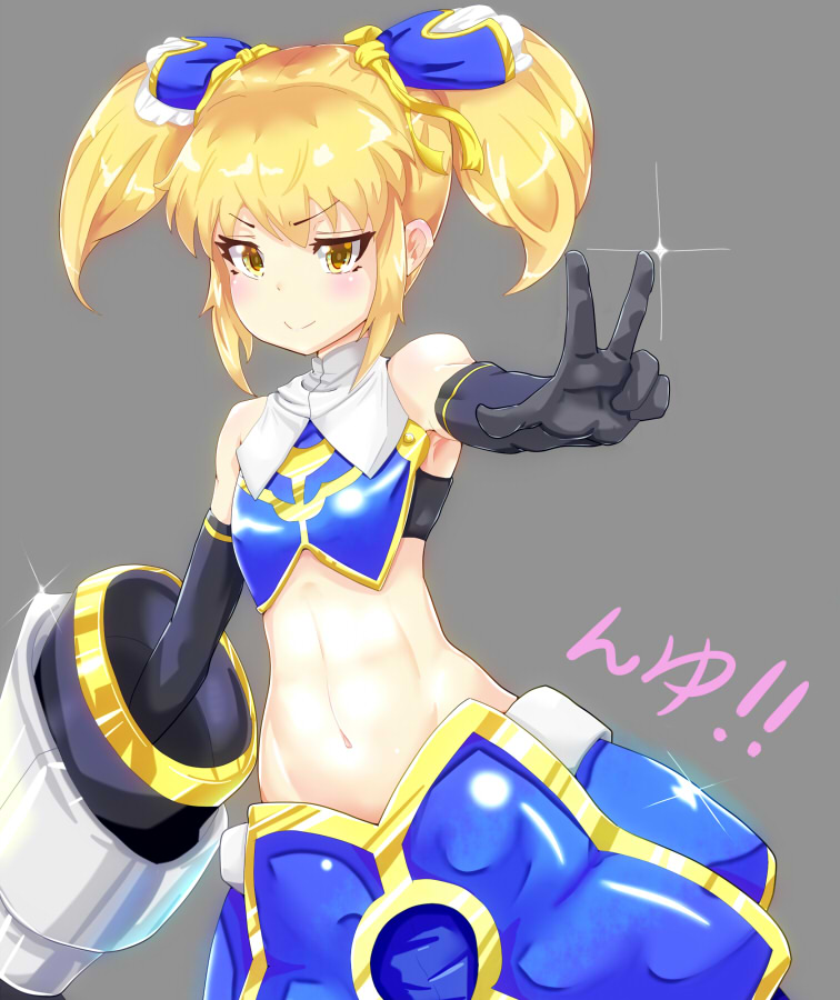 1girl abs armored_gloves blonde_hair blue_bow blue_skirt bow flat_chest gauntlets hair_ornament mika_(under_night_in-birth) rabittofaa short_twintails skirt smile twintails under_night_in-birth under_night_in-birth_exe:late[st] v yellow_eyes