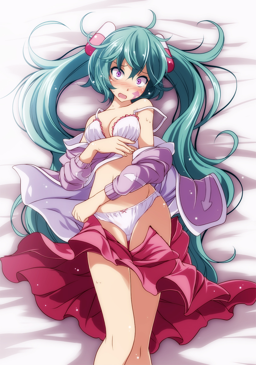 1girl aqua_hair bed_sheet blush bow bow_panties bra breasts cardigan cleavage clothes_removed commentary_request constricted_pupils crotch_seam directional_arrow embarrassed facial_tattoo frilled_bra frills from_above frown hair_ornament hatsune_miku head_tilt highres legs long_hair long_sleeves looking_at_viewer lying medium_breasts medium_skirt navel off_shoulder on_back on_bed open_clothes open_mouth open_skirt panties print_sweater project_diva_(series) purple_sweater skirt skirt_pull solo strap_slip sweatdrop sweater tattoo thigh_gap tsukishiro_saika twintails underwear very_long_hair violet_eyes vocaloid white_bra