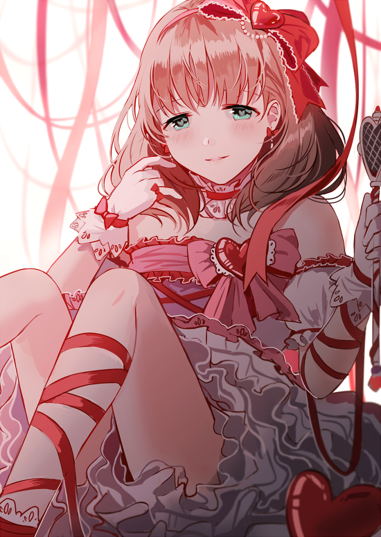 1girl blue_eyes blush brown_hair commentary_request dress earrings frilled_dress frills gloves hair_ribbon heart heart-shaped_pupils idolmaster idolmaster_cinderella_girls idolmaster_cinderella_girls_starlight_stage jewelry looking_at_viewer medium_hair red_ribbon ribbon sakuma_mayu short_sleeves silence_girl solo symbol-shaped_pupils white_gloves