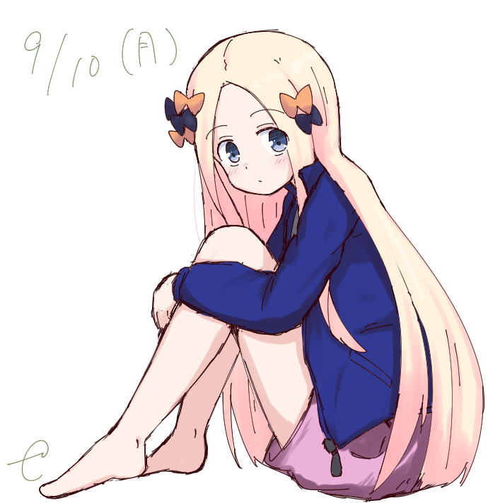 1girl abigail_williams_(fate/grand_order) alternate_costume bangs barefoot black_bow blonde_hair blue_jacket blush bow closed_mouth dated eyebrows_visible_through_hair fate/grand_order fate_(series) forehead full_body hair_bow jacket kujou_karasuma long_hair long_sleeves looking_at_viewer looking_to_the_side open_clothes open_jacket orange_bow parted_bangs pink_shorts short_shorts shorts signature simple_background sitting sketch solo very_long_hair white_background