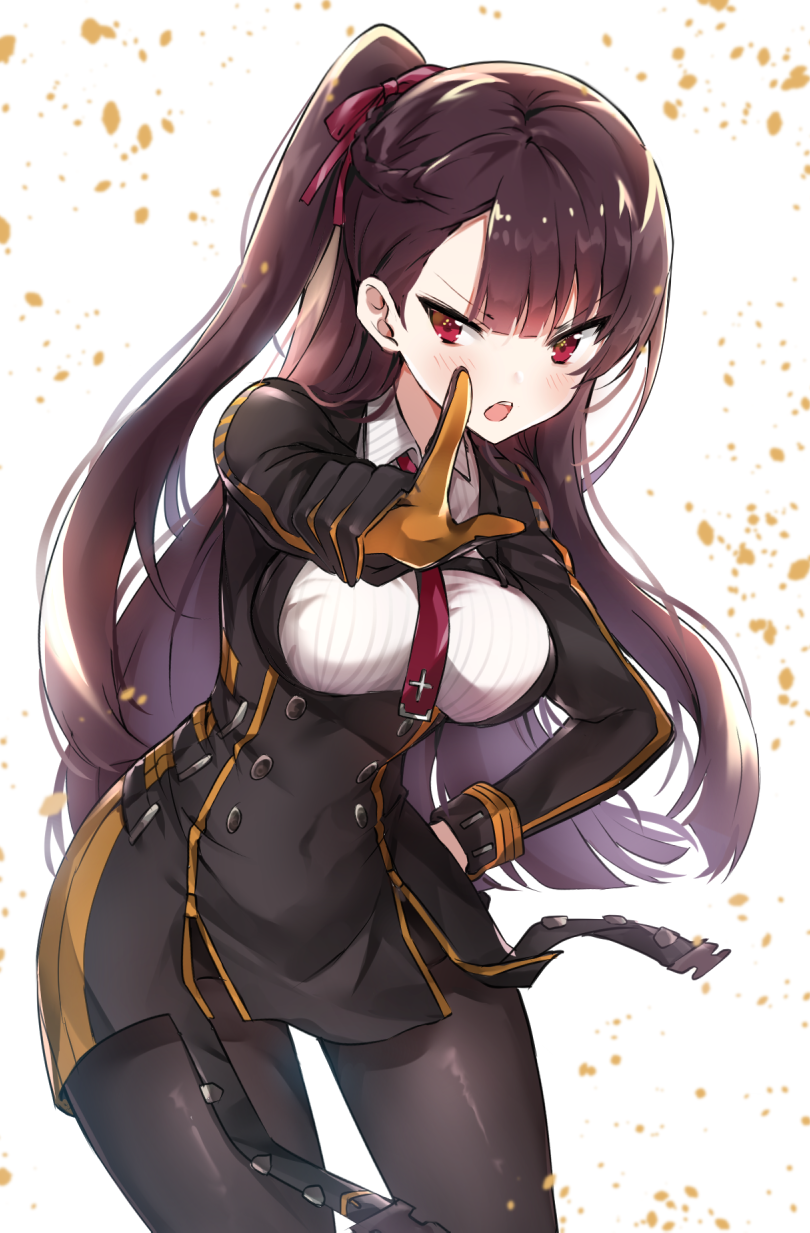 1girl bangs black_dress black_gloves black_legwear blush braid breasts brown_hair collared_shirt cowboy_shot dress girls_frontline gloves hair_ribbon hand_on_hip highres index_finger_raised leaning_forward long_hair long_sleeves looking_at_viewer md5_mismatch medium_breasts melynx_(user_aot2846) one_side_up open_mouth outstretched_arm pantyhose red_neckwear red_ribbon redhead ribbed_shirt ribbon shirt simple_background solo v-shaped_eyebrows very_long_hair wa2000_(girls_frontline) white_background white_shirt