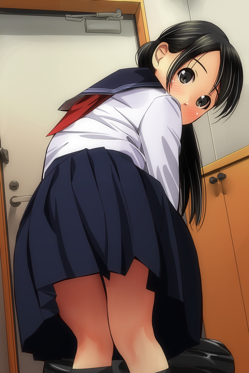 1girl bangs black_hair black_legwear blue_sailor_collar blue_skirt blush commentary_request covered_mouth door door_handle eyebrows_visible_through_hair highres indoors kneehighs leaning_forward long_hair looking_at_viewer looking_back matsunaga_kouyou original parted_bangs pleated_skirt sailor_collar school_uniform serafuku shirt skirt solo standing white_shirt