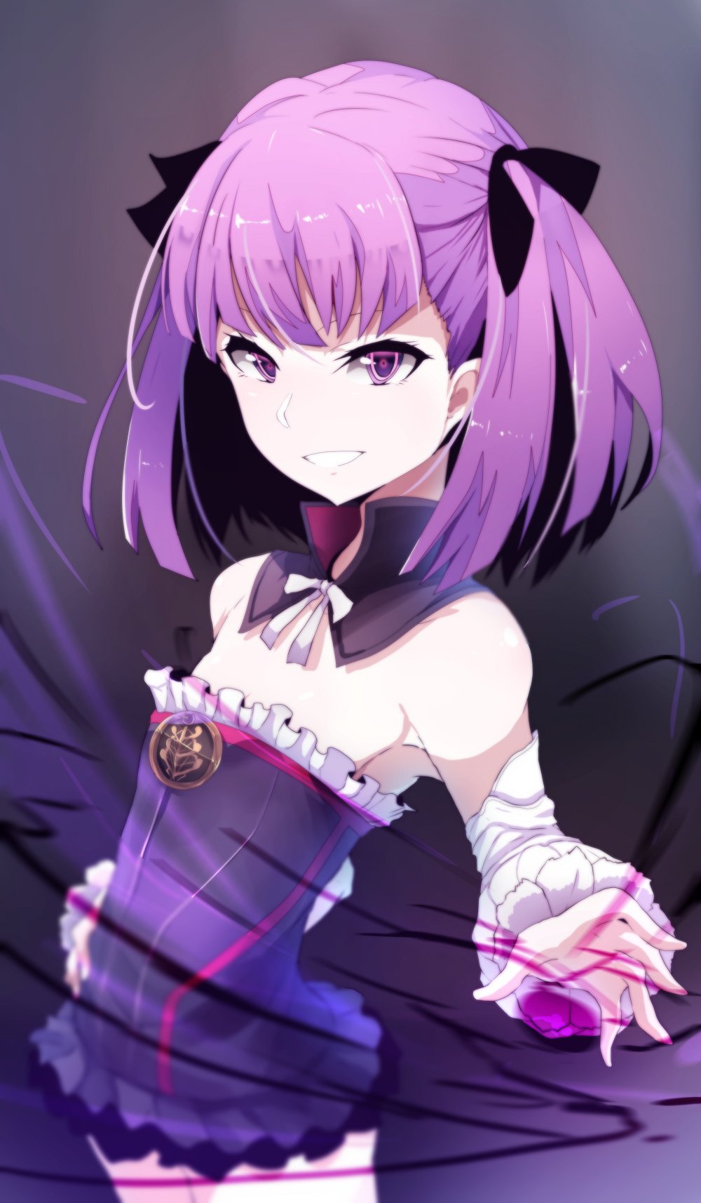 1girl bangs bare_shoulders black_bow black_collar blurry blurry_background blush bow commentary_request depth_of_field detached_collar detached_sleeves dress eyebrows_visible_through_hair fate/grand_order fate_(series) frilled_dress frills grin hair_bow helena_blavatsky_(fate/grand_order) highres long_sleeves looking_at_viewer purple_dress purple_hair smile solo standing strapless strapless_dress tree_of_life two_side_up violet_eyes wada_kazu white_bow