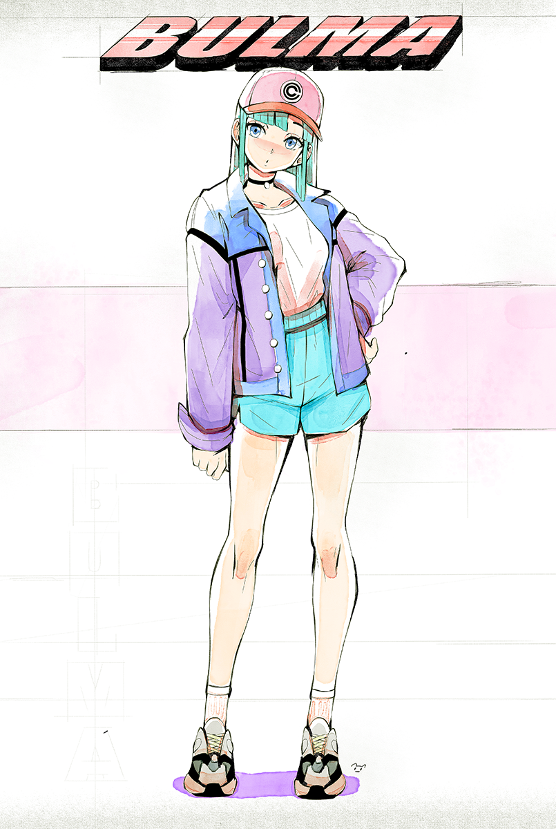 1girl :o aqua_hair arm_at_side bangs bare_legs baseball_cap blue_eyes blue_jacket blue_shorts bulma capsule_corp character_name commentary dragon_ball dragon_ball_(classic) english_commentary expressionless eyelashes full_body hand_on_hip hat head_tilt highres horizontal-striped_background jacket long_sleeves looking_away mynare open_mouth pink_background pink_shirt purple_jacket shirt shoes shorts simple_background sneakers socks solo standing two-tone_background two-tone_jacket white_background