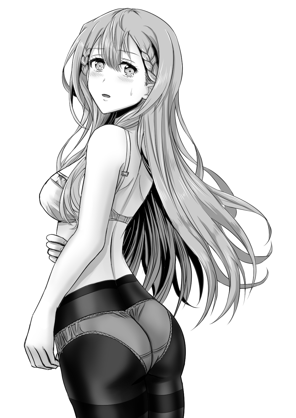 1girl ass back bangs blush bokutachi_wa_benkyou_ga_dekinai bra breasts cowboy_shot crotch_seam eyebrows_visible_through_hair from_behind greyscale highres kirisu_mafuyu light_frown long_hair looking_at_viewer looking_back monochrome panties panties_under_pantyhose pantyhose parted_lips rintarou_(puuy4825) small_breasts solo standing sweatdrop thighband_pantyhose underwear underwear_only