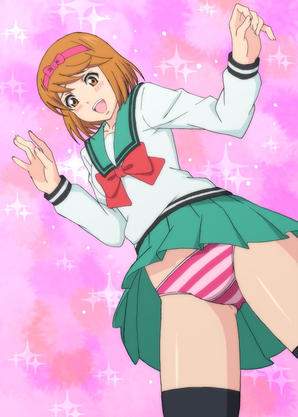 1girl :d aqua_skirt ass_visible_through_thighs black_legwear blush bow brown_eyes brown_hair hairband hand_up long_sleeves miastral_violet open_mouth panties pantyshot pantyshot_(standing) pink_background pink_panties red_bow saiki_kusuo_no_psi_nan school_uniform serafuku shirt short_hair skirt smile solo standing striped striped_panties thigh-highs underwear white_shirt yumehara_chiyo