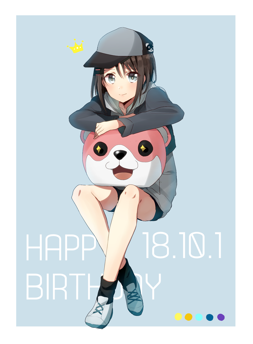 +_+ 1girl :3 :d bang_dream! baseball_cap black_hair black_jacket black_legwear black_shorts blue_footwear color_guide crown dated grey_eyes grey_hoodie hair_ornament hairclip happy_birthday harusawa hat hat_ornament hood hood_down invisible_chair jacket long_sleeves looking_at_viewer mascot_head michelle_(bang_dream!) okusawa_misaki open_mouth shoes short_shorts shorts sitting smile socks solo