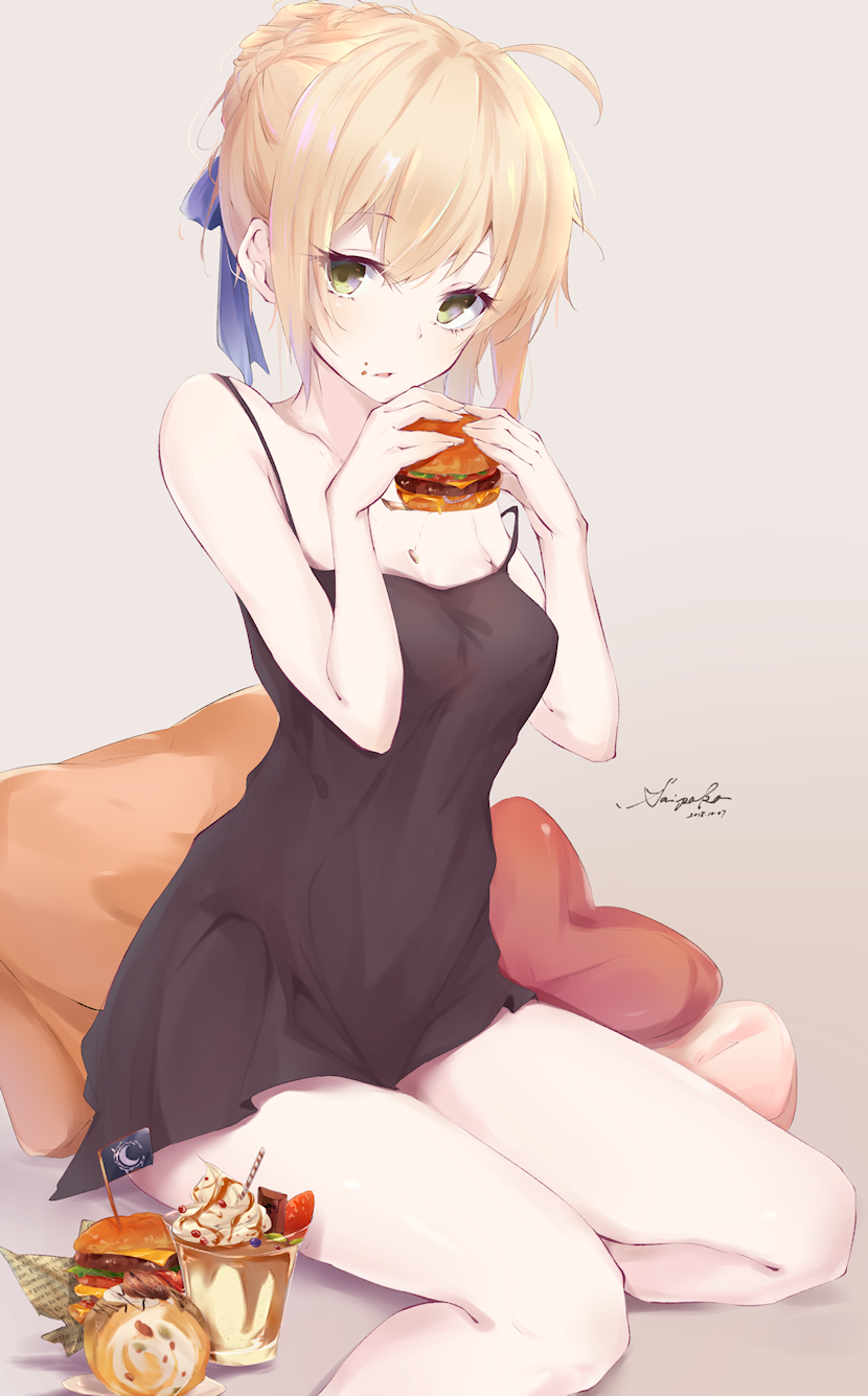 1girl ahoge artist_name artoria_pendragon_(all) bangs bare_shoulders blonde_hair blue_ribbon braid crown_braid cup dated drinking_glass eating fate/grand_order fate_(series) food food_on_face green_eyes hair_between_eyes hair_bun hair_ribbon hamburger highres ice_cream jewelry looking_at_viewer necklace nightgown pale_skin parted_lips pillow ribbon saber sai_(saipoko) sitting solo strap_slip