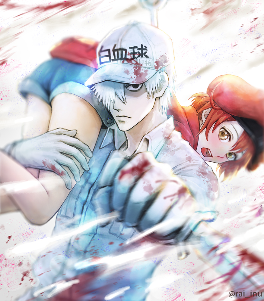 1boy 1girl ae-3803 ahoge baseball_cap black_eyes blood blood_on_fingers bloody_clothes bloody_hands blush cabbie_hat carrying carrying_over_shoulder denim denim_shorts fighting gloves hair_over_one_eye hat hataraku_saibou jacket knife looking_at_viewer looking_back open_mouth rairiary red_blood_cell_(hataraku_saibou) red_hat red_jacket redhead shirt short_hair shorts u-1146 uniform white_blood_cell_(hataraku_saibou) white_gloves white_hair white_hat yellow_eyes