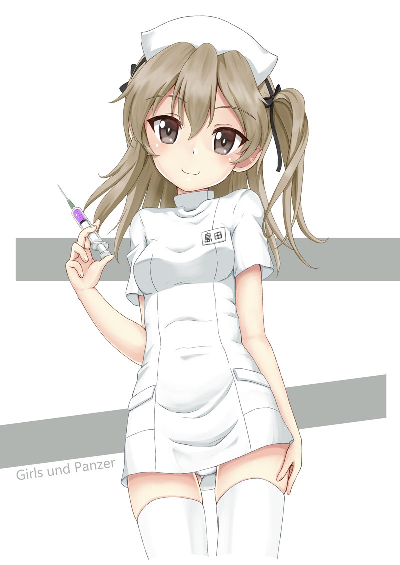 1girl arm_at_side ass_visible_through_thighs bangs black_bow bow brown_eyes brown_hair closed_mouth commentary_request copyright_name cowboy_shot dress eyebrows_visible_through_hair fingernails flipper girls_und_panzer hair_between_eyes hair_bow hat head_tilt holding holding_syringe name_tag nurse_cap one_side_up panties shimada_arisu short_sleeves skindentation smile solo standing syringe thigh-highs underwear white_dress white_hat white_legwear white_panties