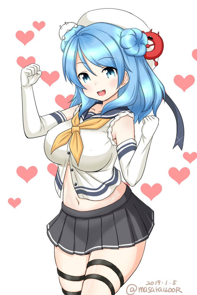 1girl blue_eyes blue_hair dated double_bun elbow_gloves enemy_lifebuoy_(kantai_collection) gloves grey_skirt hat heart heart_background kantai_collection looking_at_viewer masara_(masalucky2010) navel neckerchief pleated_skirt sailor_hat school_uniform serafuku skirt sleeves_rolled_up solo thigh_strap twitter_username urakaze_(kantai_collection) white_background white_gloves white_hat white_legwear yellow_neckwear