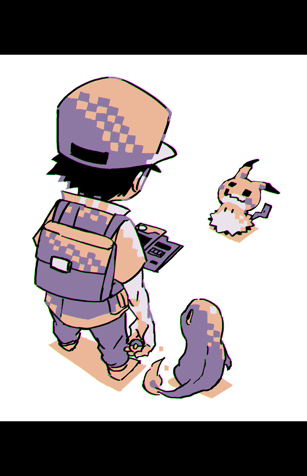 1boy backpack bag baseball_cap black_hair charmander chromatic_aberration commentary_request creatures_(company) eye_contact game_freak gen_1_pokemon gen_7_pokemon hat highres holding holding_poke_ball holding_pokedex hscatter letterboxed limited_palette looking_at_another male_focus mimikyu nintendo pants pixelated poke_ball poke_ball_(generic) pokedex pokemon pokemon_(creature) pokemon_(game) pokemon_rgby red_(pokemon) red_(pokemon_rgby) shadow short_sleeves standing wavy_mouth