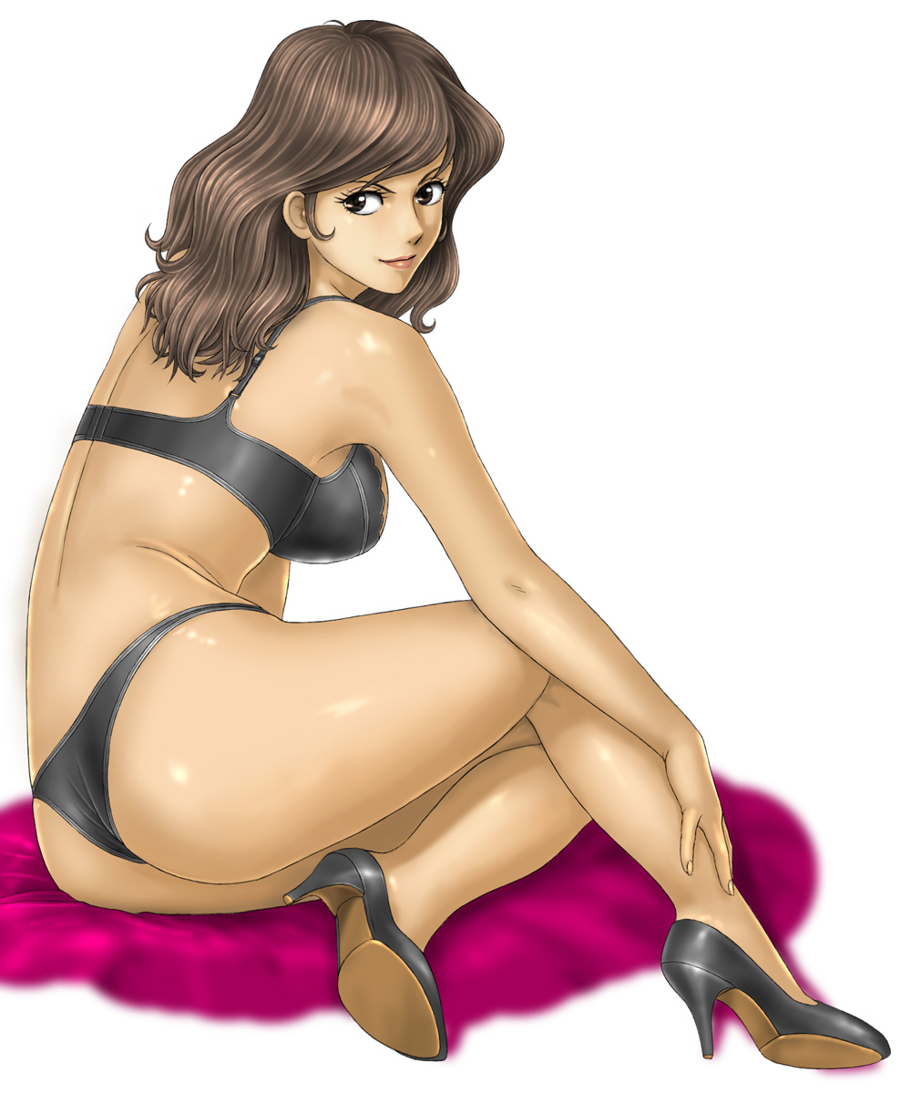 1girl ass back bangs black_bra black_footwear black_panties bra breasts brown_eyes brown_hair closed_mouth commentary_request from_side hand_on_own_leg high_heels highres large_breasts legs lips long_hair looking_at_viewer looking_back lupin_iii mine_fujiko panties simple_background sitting smirk solo swept_bangs tan thong toten_(der_fuhrer) underwear underwear_only white_background yokozuwari