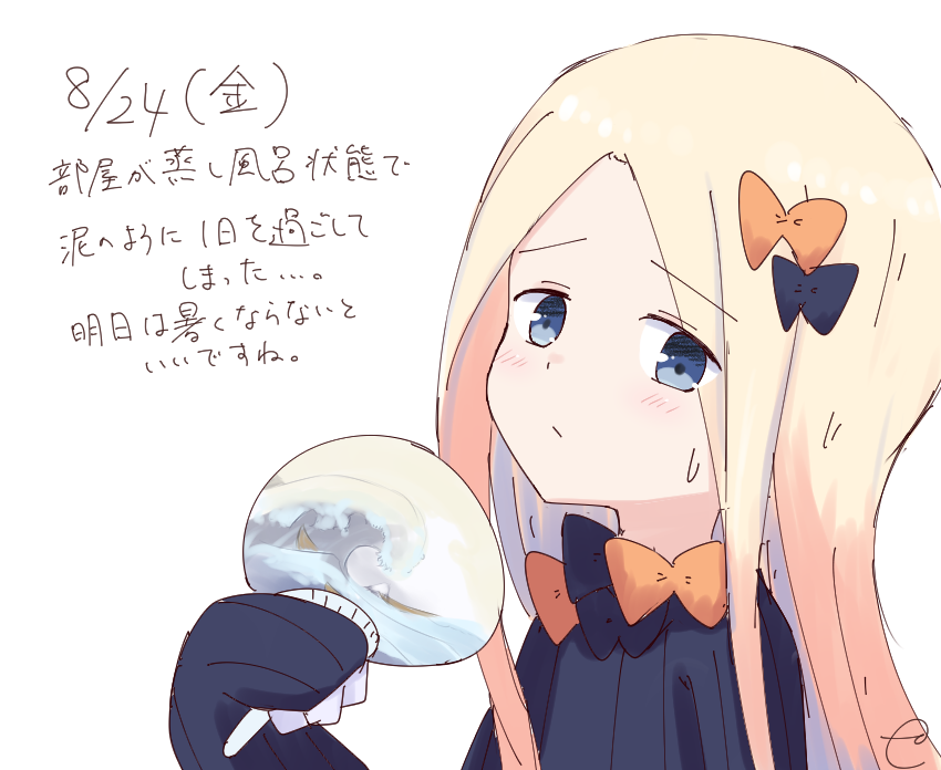 1girl abigail_williams_(fate/grand_order) bangs black_bow black_dress blonde_hair blue_eyes blush bow bug butterfly closed_mouth dated dress eyebrows_visible_through_hair fan fate/grand_order fate_(series) forehead hair_bow hand_up holding holding_fan insect kujou_karasuma long_hair long_sleeves looking_at_viewer no_hat no_headwear orange_bow paper_fan parted_bangs signature sketch sleeves_past_fingers sleeves_past_wrists solo sweat translation_request uchiwa upper_body