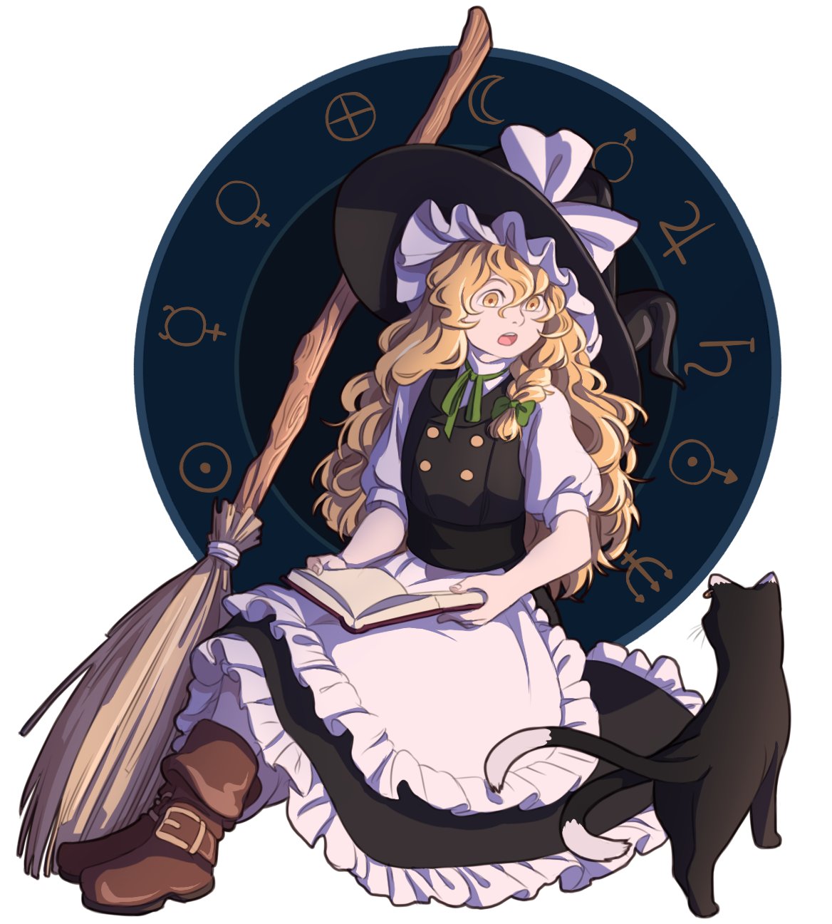 1girl apron bangs black_skirt black_vest blonde_hair book boots bow braid broom brown_footwear chen chen_(cat) earrings frilled_apron frilled_skirt frills hair_between_eyes hair_bow hat hat_bow highres jewelry kirisame_marisa long_hair long_skirt looking_at_another looking_down mefomefo multiple_tails neck_ribbon nekomata open_book open_mouth ribbon round_teeth shiny shiny_hair shirt single_braid skirt skirt_set solo tail teeth touhou turtleneck two_tails very_long_hair vest waist_apron wavy_hair white_background white_legwear white_shirt witch_hat yellow_eyes