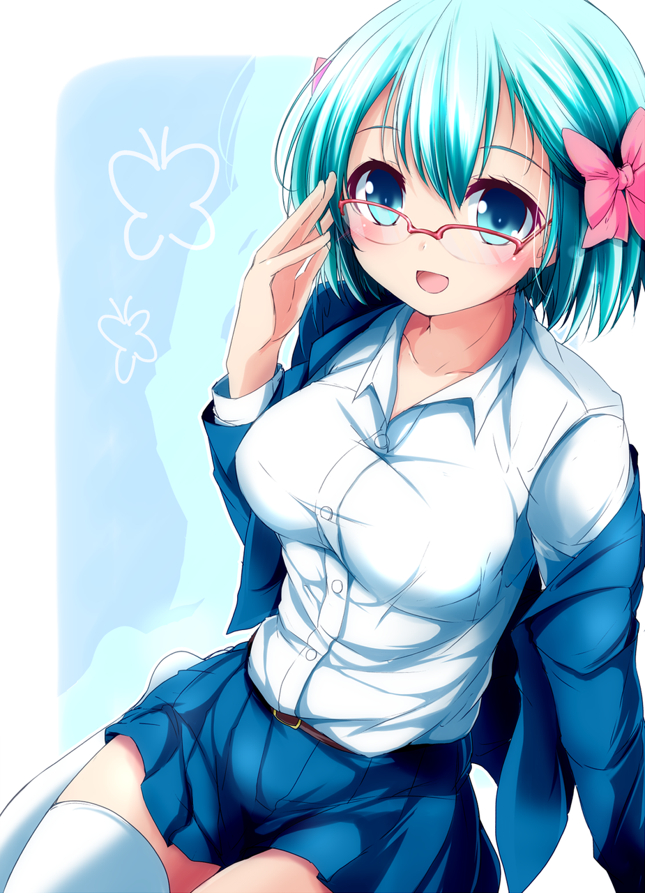 1girl :d adjusting_eyewear aqua_hair bangs blazer blue_eyes blue_jacket blue_skirt blush bob_cut border bow breasts brown_belt collarbone collared_shirt commentary_request copyright_request dress_shirt drop_shadow hair_between_eyes hair_bow highres jacket long_sleeves looking_at_viewer medium_breasts miniskirt nanaume_(shichimi_tougarashi) no_shoes open_clothes open_jacket open_mouth outside_border over-rim_eyewear pink_bow pleated_skirt raised_eyebrows red-framed_eyewear rounded_corners semi-rimless_eyewear shirt shirt_tucked_in short_hair sitting skirt smile solo thigh-highs white_border white_legwear white_shirt wing_collar