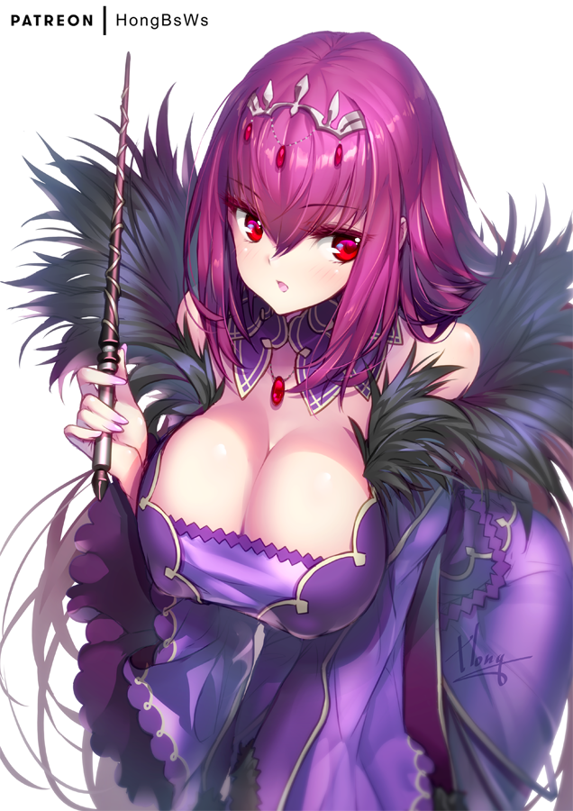 1girl bangs blush breasts cleavage commentary_request dress eyebrows_visible_through_hair fate/grand_order fate_(series) feather_trim hair_between_eyes hand_up headpiece holding holding_wand hong_(white_spider) large_breasts leaning_forward long_sleeves looking_at_viewer parted_lips purple_dress purple_hair red_eyes scathach_(fate)_(all) scathach_skadi_(fate/grand_order) signature simple_background solo wand white_background wide_sleeves