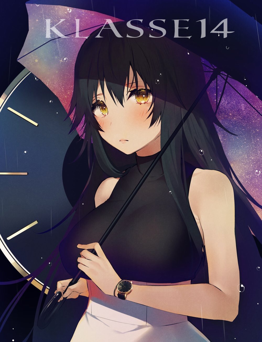 1girl bangs bare_shoulders black_blouse black_hair blouse blush clock_hands closed_mouth commentary_request hair_between_eyes highres holding klasse14 long_hair looking_at_viewer original product_placement shirako_sei skirt solo title umbrella watch watch water_drop white_skirt yellow_eyes