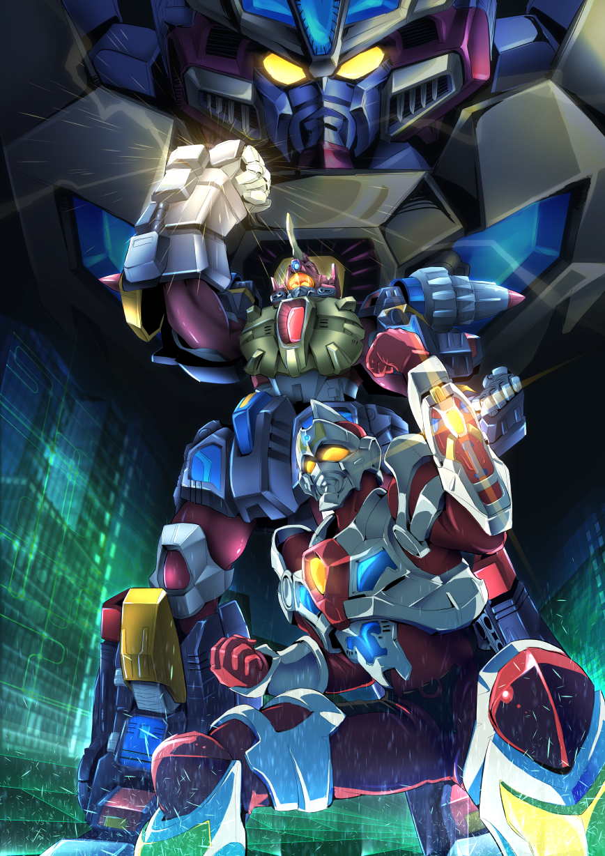 armor clenched_hands denkou_choujin_gridman glowing glowing_eyes gridman_(character) highres king_gridman male_focus no_humans orange_eyes pose sakusakusakurai shoulder_armor thunder_gridman tokusatsu