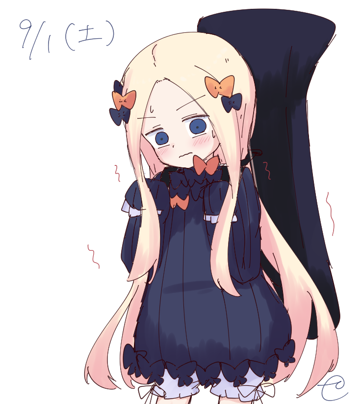 1girl abigail_williams_(fate/grand_order) bangs black_bow black_dress blonde_hair bloomers blue_eyes blush bow bug butterfly closed_mouth dated dress eyebrows_visible_through_hair fate/grand_order fate_(series) forehead hair_bow hands_up head_tilt insect kujou_karasuma long_hair long_sleeves no_hat no_headwear orange_bow parted_bangs signature simple_background sleeves_past_fingers sleeves_past_wrists solo standing sweat trembling underwear v-shaped_eyebrows very_long_hair wavy_mouth white_background white_bloomers