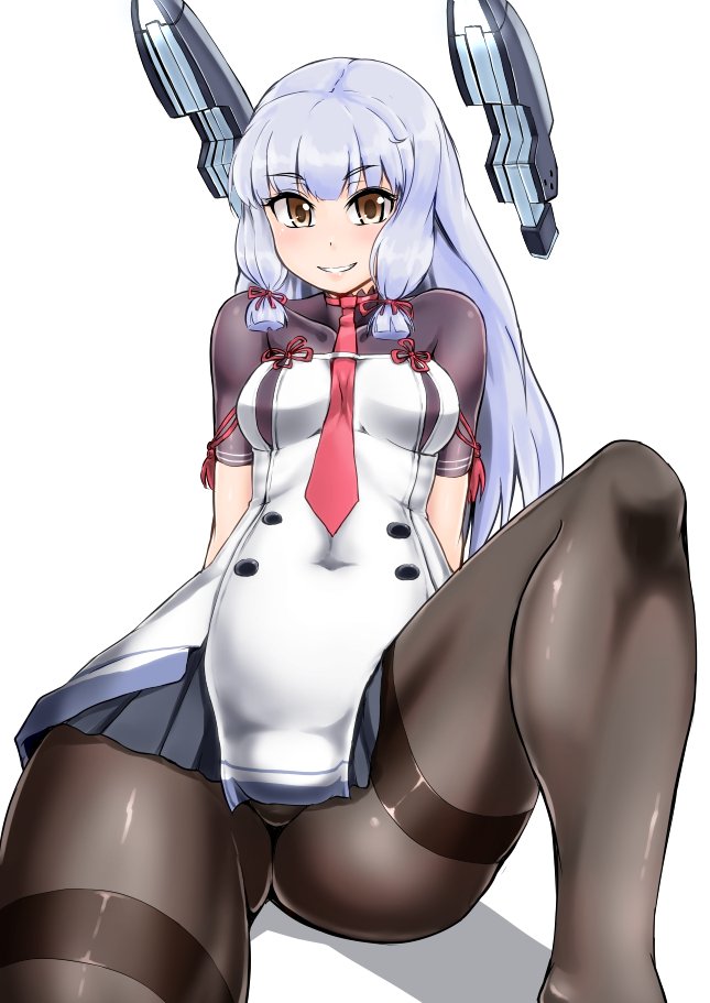 1girl arm_up ass_visible_through_thighs bangs blue_hair blunt_bangs blush bodysuit breasts covered_navel dyne_gallon eyebrows_visible_through_hair kantai_collection long_hair murakumo_(kantai_collection) pantyhose skirt small_breasts smile solo thighband_pantyhose thighs white_background yellow_eyes