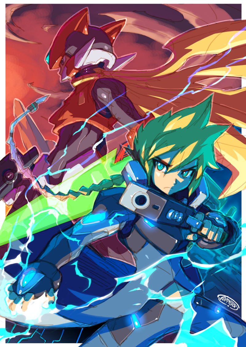 2boys android armor artist_name azure_striker_gunvolt azure_striker_gunvolt_2 blonde_hair blue_eyes boots braid commentary electricity energy_blade energy_sword english_commentary full_body gloves green_eyes gun gunvolt helmet holding holding_gun holding_sword holding_weapon long_coat long_hair male_focus multicolored_hair multiple_boys navel neon_trim parted_lips pointing purple_hair robot rockman rockman_zero sword tomycase two-tone_hair very_long_hair violet_eyes weapon zero_(rockman)