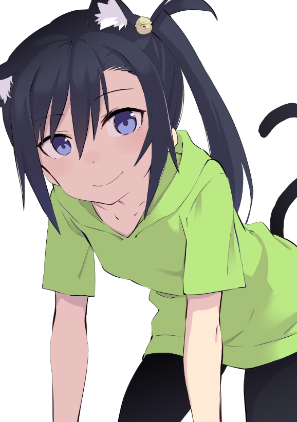 1girl aki_poi all_fours animal_ears bangs bell black_hair black_legwear blue_eyes blush cat_ears cat_girl cat_tail closed_mouth eyebrows_visible_through_hair green_hoodie hair_bell hair_between_eyes hair_ornament head_tilt hood hood_down hoodie jingle_bell long_hair nekogasaki_natsuho pantyhose short_sleeves side_ponytail simple_background smile solo tail tail_raised urami_koi_koi_urami_koi. white_background