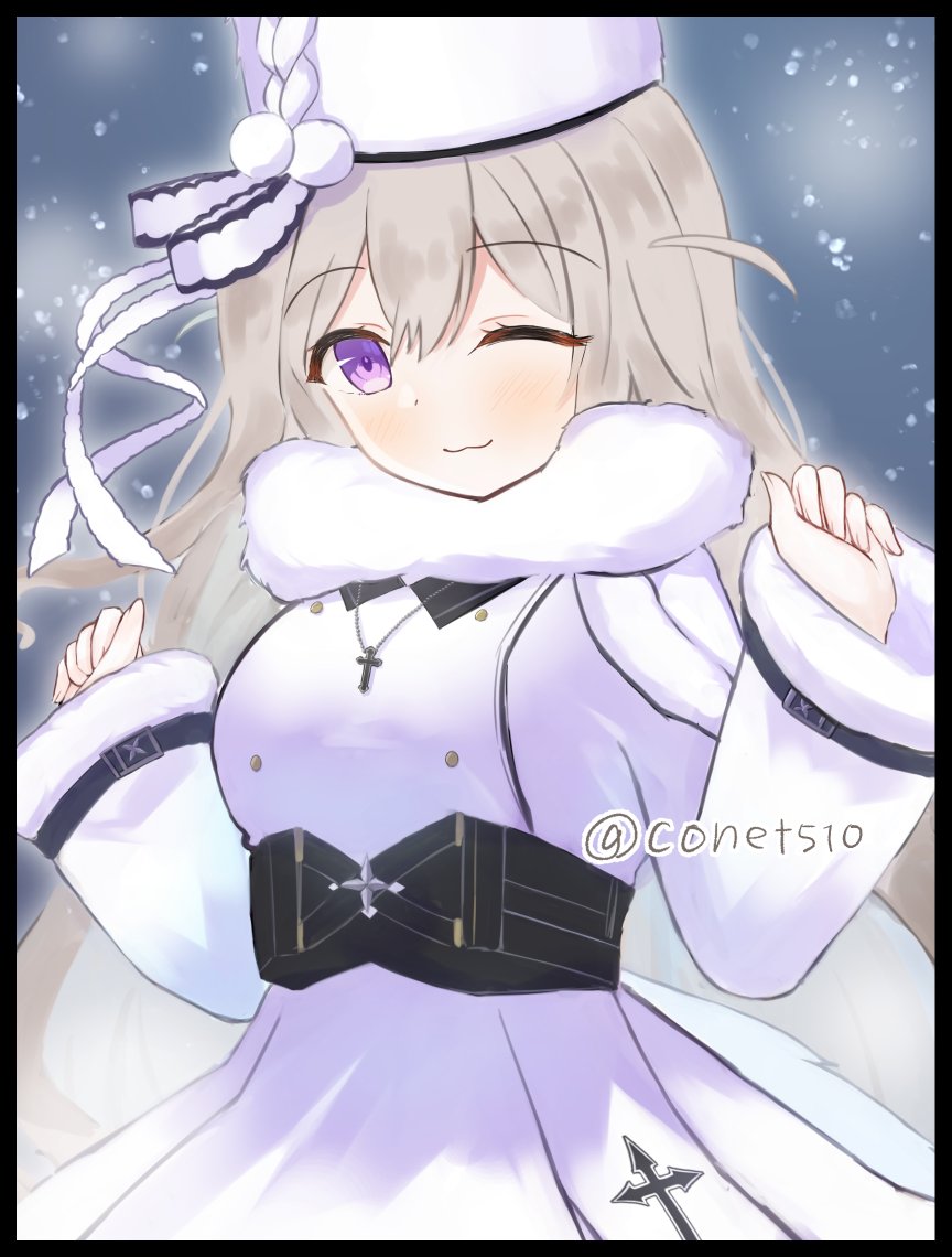 1girl :3 azur_lane belt black_belt blue_eyes coat conet510 cross cross_necklace dress eyebrows_visible_through_hair fur-trimmed_coat fur-trimmed_dress fur-trimmed_headwear fur-trimmed_sleeves fur_trim hat heterochromia jewelry long_hair looking_at_viewer murmansk_(azur_lane) necklace one_eye_closed papakha snow snowing solo standing tail violet_eyes white_dress white_headwear