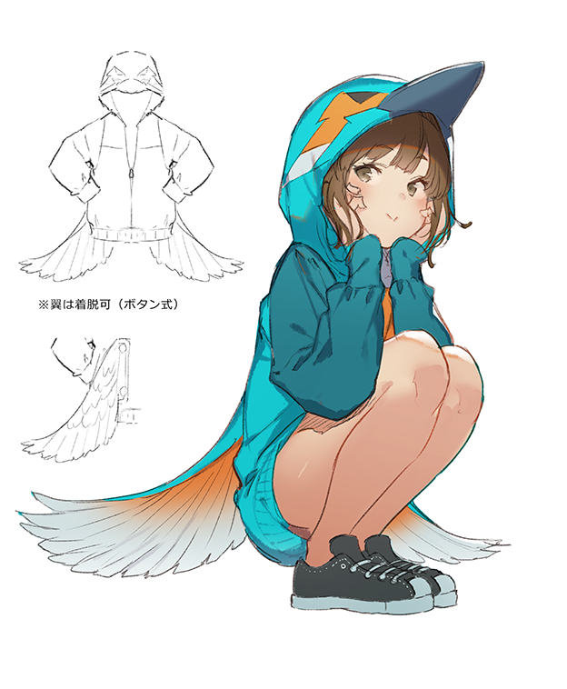 1girl :&gt; bangs bare_legs bird_hood black_footwear blunt_bangs blush brown_eyes brown_hair closed_mouth commentary_request eyebrows_visible_through_hair feather_trim full_body hands_on_own_cheeks hands_on_own_face hood hood_up hoodie legs_together long_sleeves looking_at_viewer mogumo no_socks original shoes short_hair simple_background smile sneakers solo squatting translation_request white_background