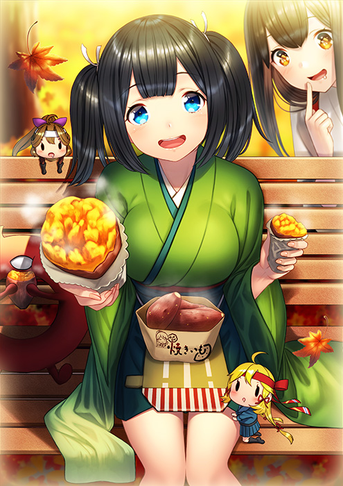 4girls :d akagi_(kantai_collection) bench blonde_hair blue_eyes blue_hair brown_eyes brown_hair commentary_request drooling enemy_lifebuoy_(kantai_collection) fairy_(kantai_collection) food green_hakama green_kimono hakama hakama_skirt holding holding_food japanese_clothes kantai_collection kimono kyon_(fuuran) leaf long_hair maple_leaf multiple_girls open_mouth shinkaisei-kan short_hair sitting smile souryuu_(kantai_collection) sweet_potato twintails wide_sleeves