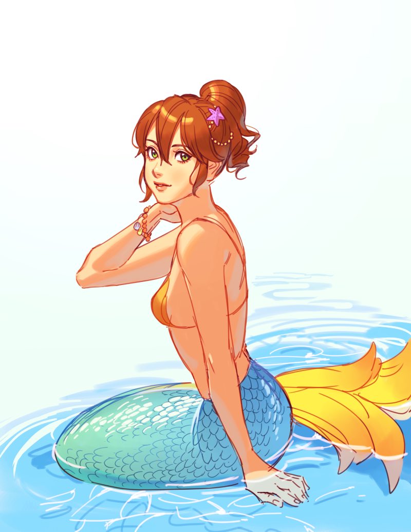 1girl bikini brown_hair fins green_eyes head_fins long_hair looking_at_viewer mella mermaid monster_girl monsterification octopath_traveler scales short_hair simple_background smile swimsuit tressa_(octopath_traveler) water