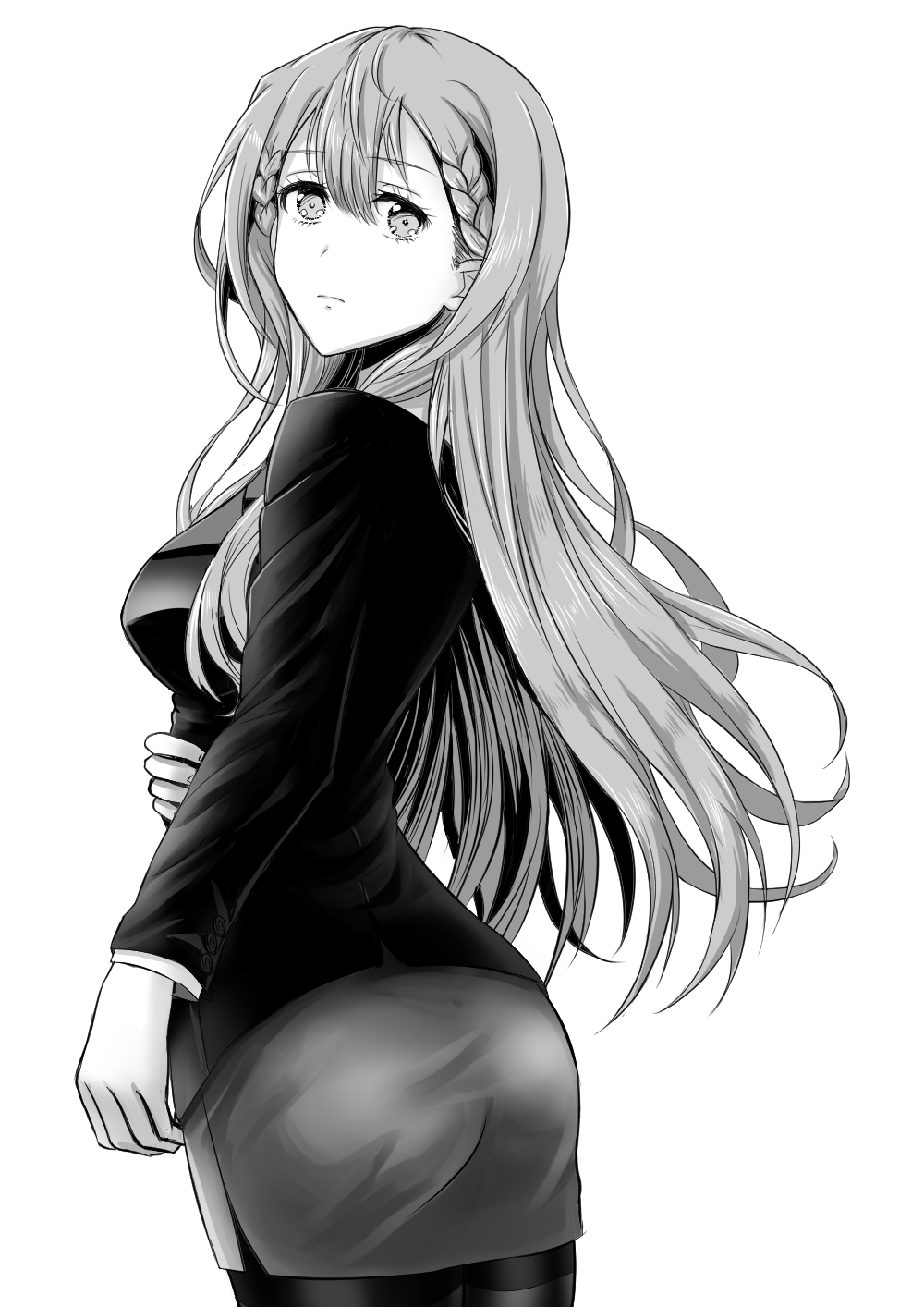 1girl ass bangs bokutachi_wa_benkyou_ga_dekinai braid closed_mouth cowboy_shot eyebrows_visible_through_hair formal from_behind frown greyscale highres jacket kirisu_mafuyu long_hair long_sleeves looking_at_viewer looking_back miniskirt monochrome pantyhose pencil_skirt rintarou_(puuy4825) skirt skirt_suit solo standing suit sweatdrop thighband_pantyhose