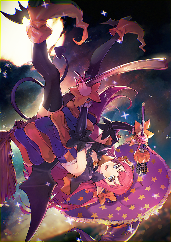 1girl :d arm_warmers bat_wings black_legwear black_sleeves blue_eyes bow broom broom_riding demon_tail elizabeth_bathory_(fate)_(all) elizabeth_bathory_(halloween)_(fate) fate/grand_order fate_(series) hat hat_bow holding holding_wand long_hair looking_at_viewer multicolored multicolored_clothes multicolored_skirt nagu open_mouth orange_bow orange_footwear pink_hair pointy_ears pointy_shoes purple_hat shoes skirt smile solo star star_print tail thigh-highs upside-down wand wings witch_hat zettai_ryouiki