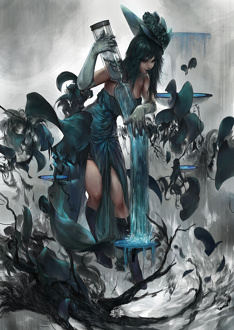 1girl anton_oxenuk bare_shoulders black_footwear black_hair black_hat black_lipstick boots dress elbow_gloves fantasy flower gloves grey_background hat hat_flower hourglass knee_boots lipstick makeup original solo tilted_headwear water white_gloves