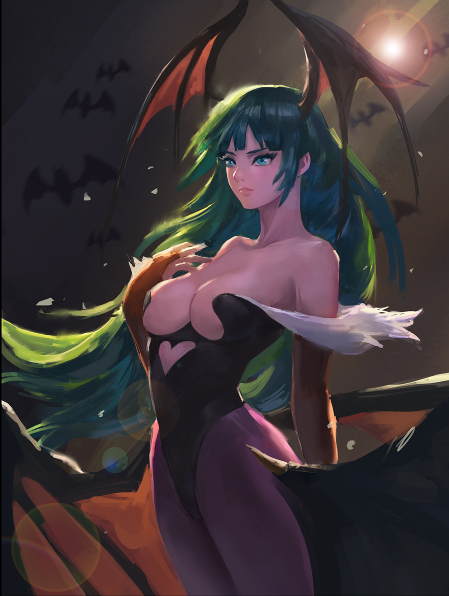 aqua_eyes backlighting bare_shoulders bat bigsnaker black_leotard blurry blurry_background bridal_gauntlets closed_mouth dark demon_wings expressionless green_hair head_wings highres leotard long_hair morrigan_aensland purple_legwear solo vampire_(game) wings