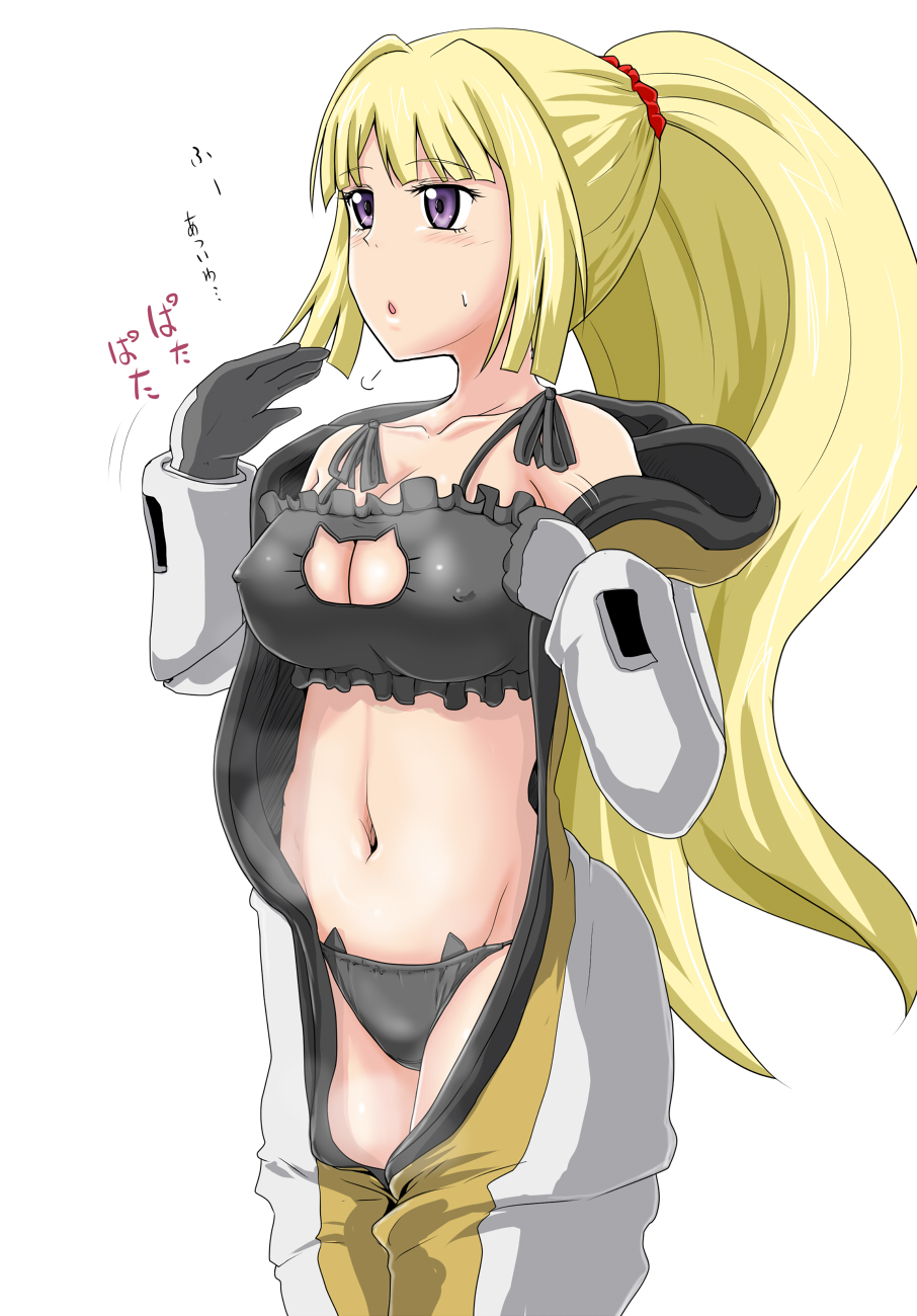 1girl :o bangs black_bra black_gloves black_panties blonde_hair blunt_bangs bodysuit bra breasts cat_cutout cat_ear_panties cat_lingerie cleavage collarbone commentary_request covered_nipples cowboy_shot crotch_seam eyebrows_visible_through_hair fanning_face frilled_bra frills gloves gundam gundam_tekketsu_no_orphans hair_ornament hair_scrunchie highres homare_(suzu_no_oka) kudelia_aina_bernstein long_hair long_sleeves looking_to_the_side medium_breasts meme_attire motion_lines open_bodysuit open_clothes open_mouth panties ponytail red_scrunchie scrunchie sidelocks sigh simple_background solo standing translated underwear violet_eyes white_background
