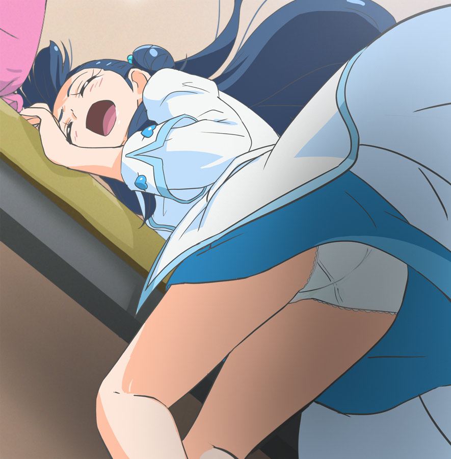 1girl blue_hair blue_skirt blush closed_eyes hair_bun haruyama_kazunori hugtto!_precure long_hair long_sleeves open_mouth panties precure skirt solo underwear white_panties yakushiji_saaya