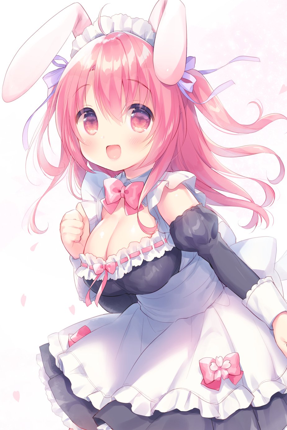 1girl :d animal_ears apron bangs black_dress blush bow breasts cherry_blossoms cleavage clenched_hand commentary_request detached_sleeves dress eyebrows_visible_through_hair frilled_apron frills hair_between_eyes hand_up highres juliet_sleeves large_breasts long_hair long_sleeves looking_at_viewer maid maid_headdress open_mouth original petals pink_bow puffy_sleeves purple_ribbon rabbit_ears red_eyes redhead ribbon sakura_(usashiro_mani) sleeveless sleeveless_dress smile solo two_side_up usashiro_mani very_long_hair white_apron white_background