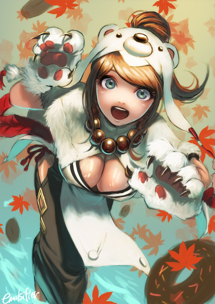1girl :d animal_hood asahina_aoi bangs bear_hood black_skirt blue_eyes breasts brown_hair cleavage dangan_ronpa dangan_ronpa_1 doughnut floating_hair food from_above gloves hood jewelry leaf long_hair looking_at_viewer looking_up maple_leaf medium_breasts necklace nyuukazai open_mouth parted_bangs paw_gloves paws ponytail red_ribbon ribbon shiny shiny_hair signature skirt smile solo