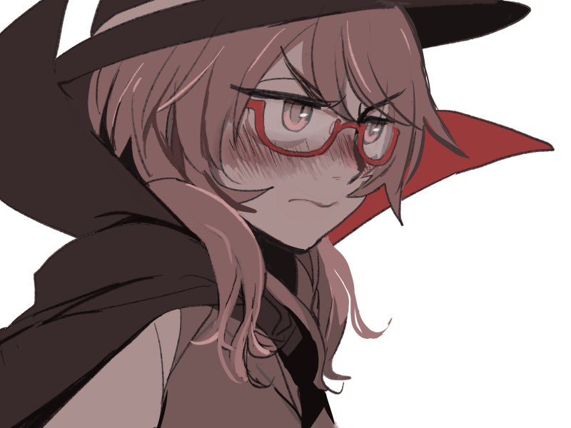 &gt;:( 1girl blush brown_eyes brown_hair cape closed_mouth embarrassed face fedora full-face_blush glasses hat joniko1110 low_twintails red-framed_eyewear semi-rimless_eyewear touhou twintails usami_sumireko white_background