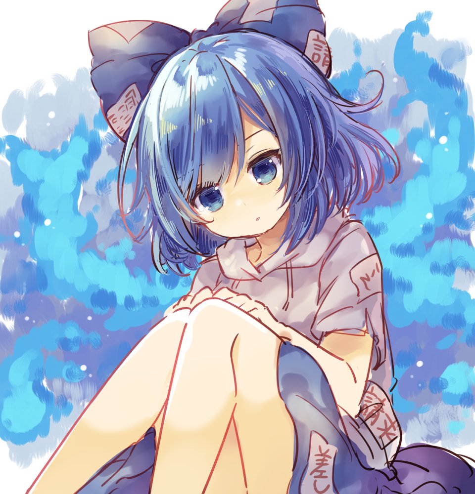 1girl alternate_hair_length alternate_hairstyle bare_shoulders blue_eyes blue_hair bow hair_bow hood hoodie knees_to_chest looking_at_viewer pjrmhm_coa short_hair skirt touhou yorigami_shion