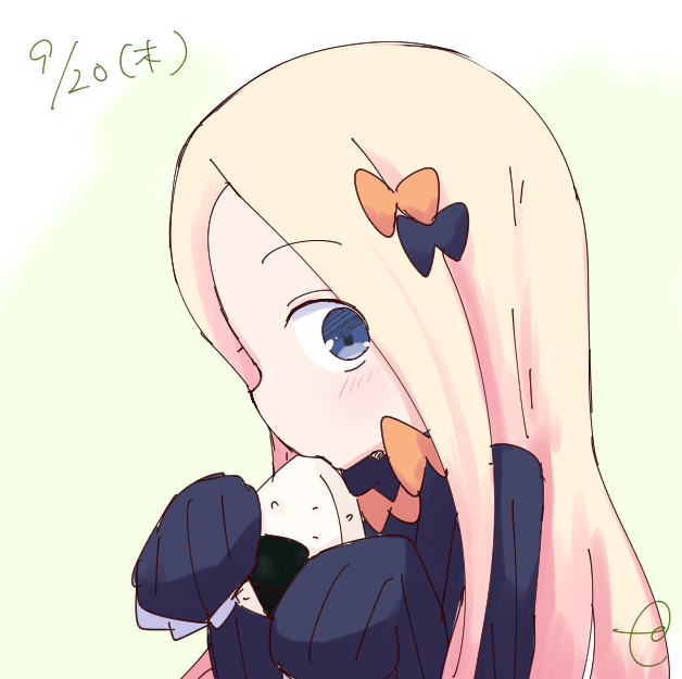 1girl abigail_williams_(fate/grand_order) bangs black_bow black_dress blonde_hair blue_eyes blush bow dated dress eating eyebrows_visible_through_hair fate/grand_order fate_(series) food forehead gradient gradient_background green_background hair_bow holding holding_food kujou_karasuma long_hair long_sleeves looking_at_viewer looking_to_the_side no_hat no_headwear onigiri orange_bow parted_bangs polka_dot polka_dot_bow profile signature sleeves_past_fingers sleeves_past_wrists solo upper_body white_background