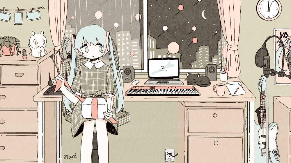 1girl aqua_eyes aqua_hair balloon black_cat cactus cat city clock collared_dress computer crescent_moon cup desk drawer eighth_note electric_guitar electric_socket guitar hatsune_miku indoors instrument keyboard_(instrument) long_hair microphone moon mug musical_note night night_sky noeru_(noellemonade) plant potted_plant puffy_short_sleeves puffy_sleeves short_sleeves signature sitting sky solo speaker spring_onion star_(sky) starry_sky twintails vocaloid wall_clock window