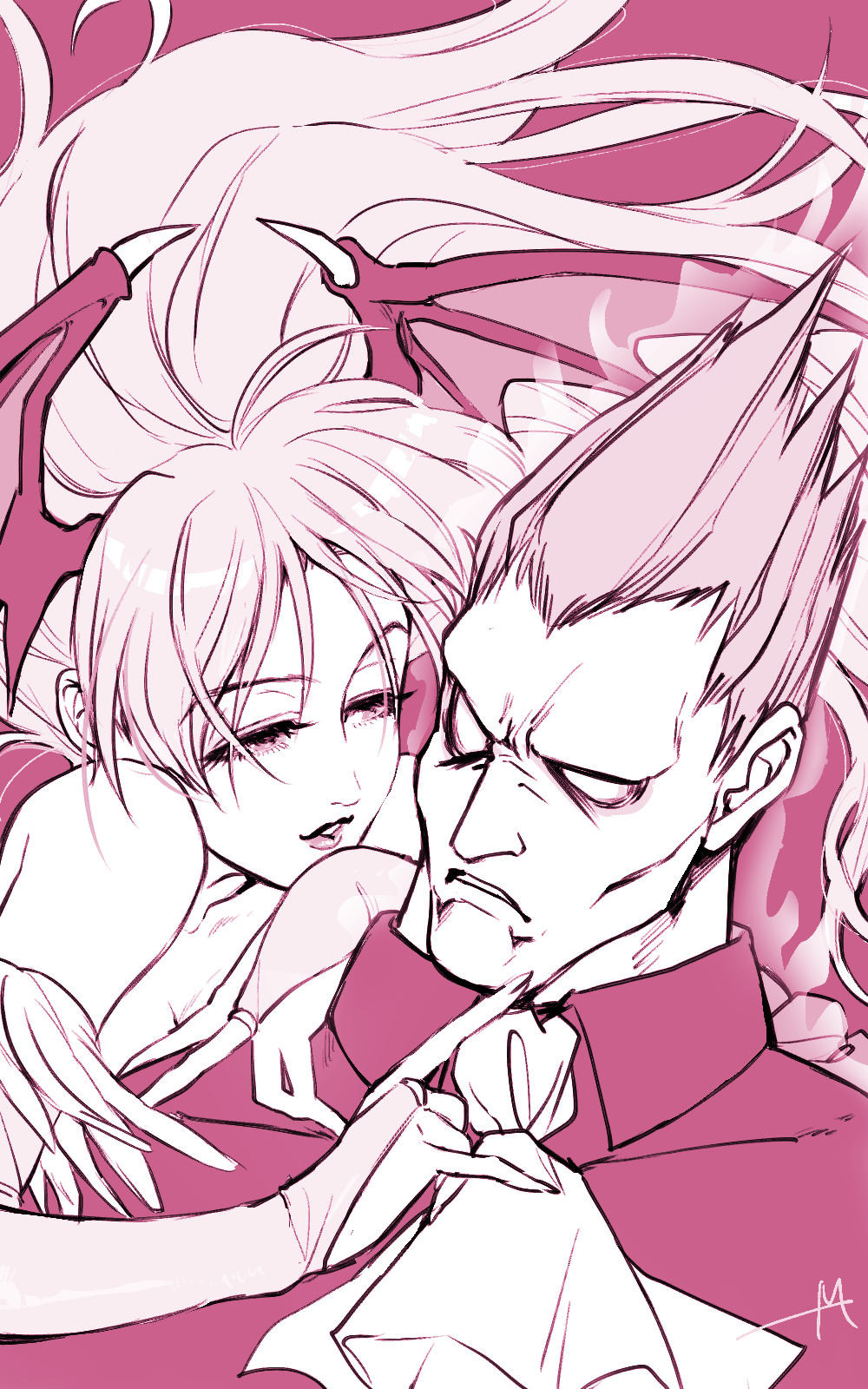 1boy 1girl ascot bare_shoulders bridal_gauntlets close-up demitri_maximoff demon_wings half-closed_eyes hand_on_another's_shoulder head_wings highres index_finger_raised light_smile mizu_(rain-mbdn) monochrome morrigan_aensland no_pupils parted_lips pink signature spiky_hair vampire_(game) wings