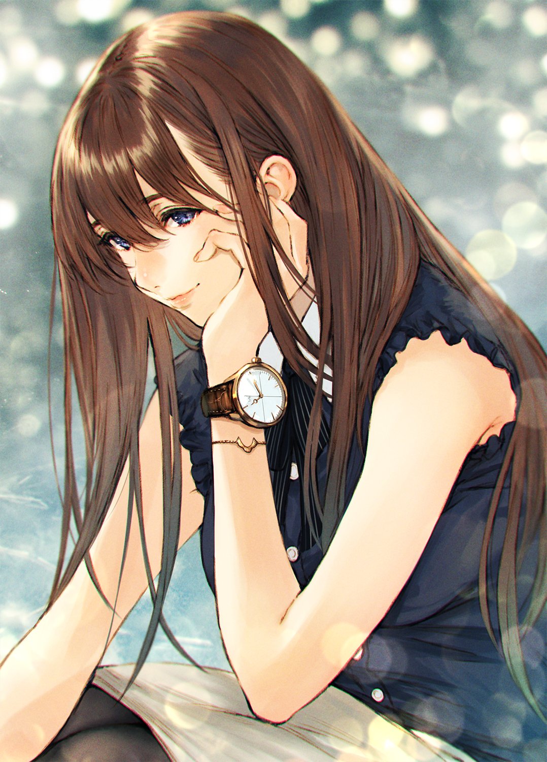 1girl bangs blue_eyes bow bowtie bracelet breasts brown_hair buttons commentary_request hand_on_own_chin highres jewelry klasse14 lips long_hair looking_at_viewer makimura_shunsuke medium_breasts original pantyhose shiny shiny_hair shiny_skin simple_background sitting skirt sleeveless solo watch watch
